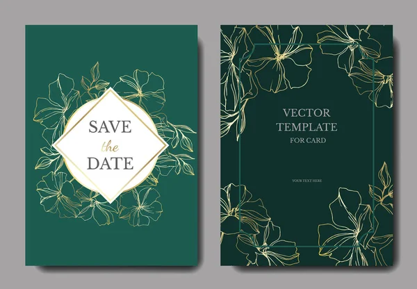 Vektorové botanické květiny lnu. Zlatý ryzovaný inkoust. Ozdobný okraj svatební karty. — Stockový vektor