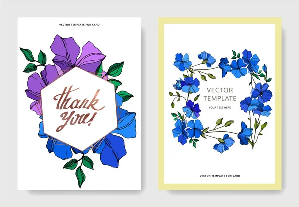 Vector Flax flores botánicas florales. Arte de tinta grabada violeta y azul. Boda tarjeta de fondo borde decorativo . — Vector de stock