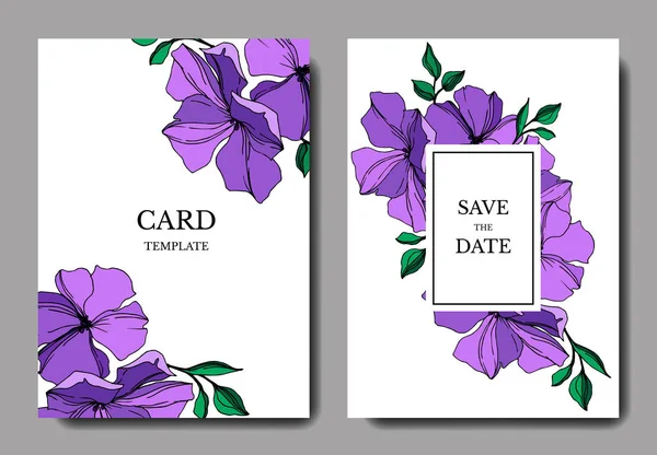 Vector Flax flores botânicas florais. Arte de tinta gravada violeta e verde. Casamento cartão de fundo borda decorativa . — Vetor de Stock