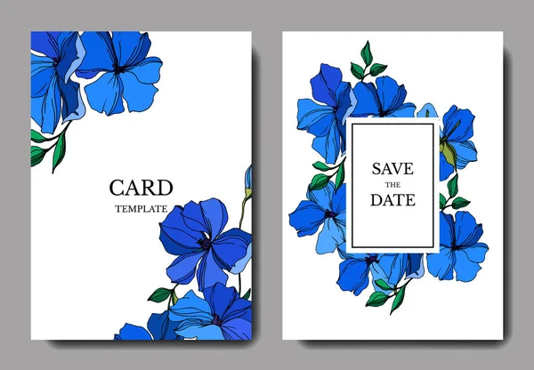 Vector Flax flores botânicas florais. Arte de tinta azul e verde gravada. Casamento cartão de fundo borda decorativa . —  Vetores de Stock