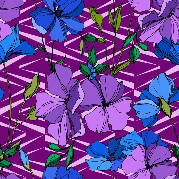 Vector Flax flores botánicas florales. Arte de tinta grabada azul y violeta. Patrón de fondo sin costuras . — Vector de stock