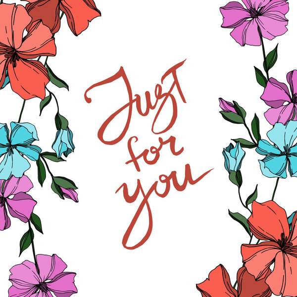 Vector Flax floral botanical flowers. Black and white engraved ink art. Frame border ornament square.