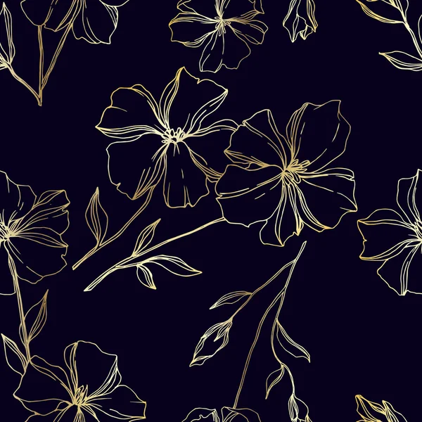 Vektorové botanické květiny lnu. Černé a bílé ryté inkoustem. Bezespání vzorek pozadí. — Stockový vektor