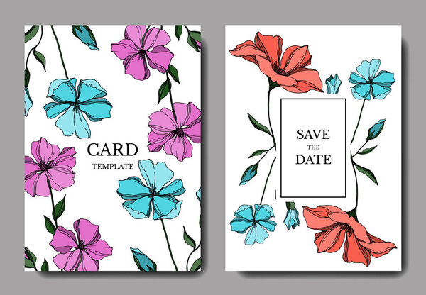 Vector Flax floral botanical flowers. Black and white engraved ink art. Wedding background card decorative border.