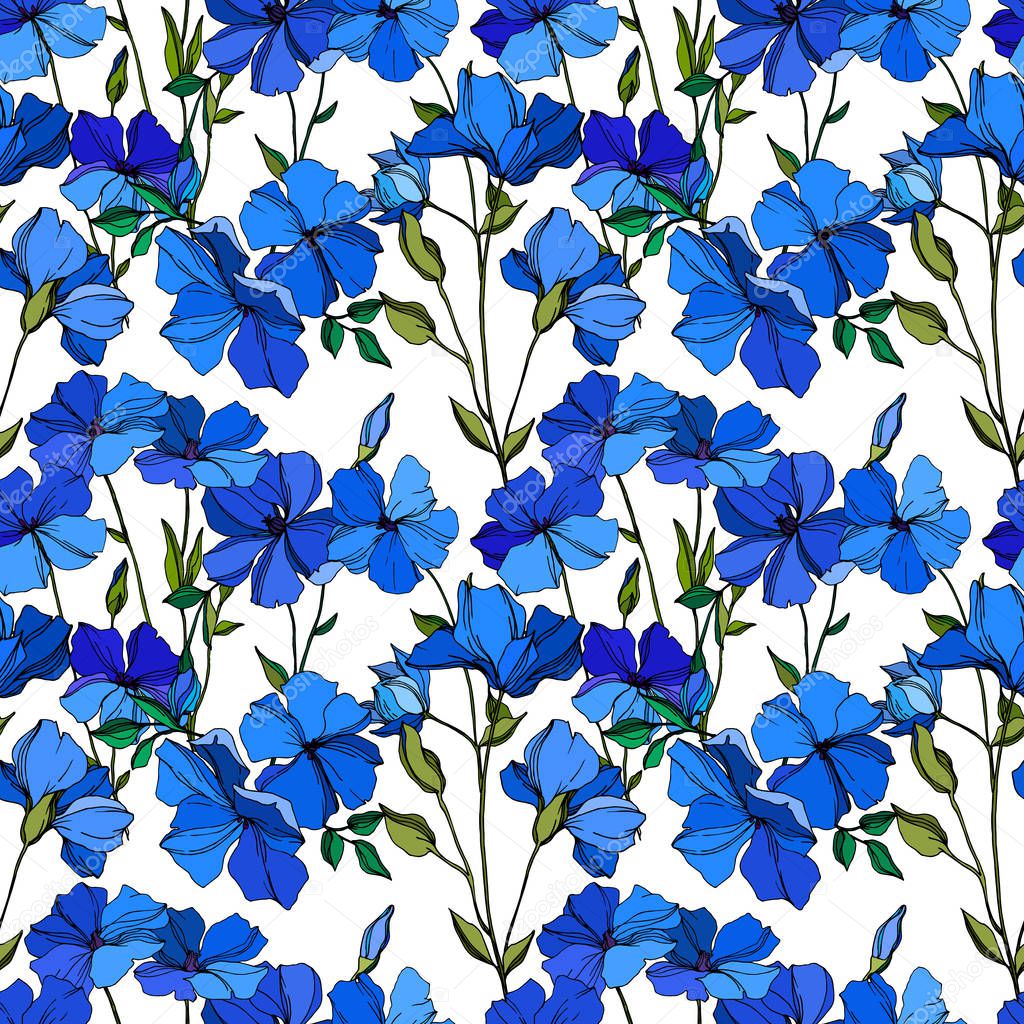 Vector Flax floral botanical flowers. Blue and green engraved ink art. Seamless background pattern.