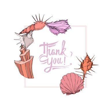 Vektör Yaz plaj deniz kabuğu tropikal unsurlar. Oyulmuş mürekkep sanatı. Çerçeve kenarlık süs karesi.