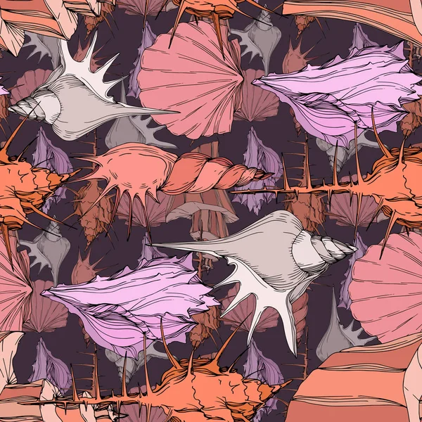 Yaz plaj deniz kabuğu tropikal unsurlar. Oyulmuş mürekkep sanatı. Kusursuz arka plan deseni. Kumaş duvar kağıdı baskı doku.