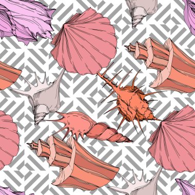 Yaz plaj deniz kabuğu tropikal unsurlar. Oyulmuş mürekkep sanatı. Kusursuz arka plan deseni. Kumaş duvar kağıdı baskı doku.