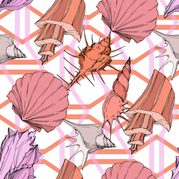 Summer beach seashell tropical elements. Engraved ink art. Seamless background pattern. Fabric wallpaper print texture.