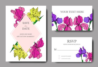 Vector Iris floral botanical flowers. Black and white engraved ink art. Wedding background card decorative border. clipart