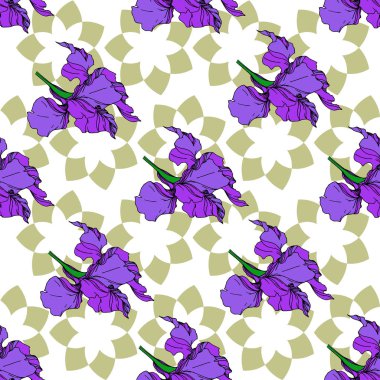 Vektör Iris çiçek botanik çiçekler. Siyah ve beyaz oyulmuş mürekkep sanatı. Kesintisiz arka plan deseni.