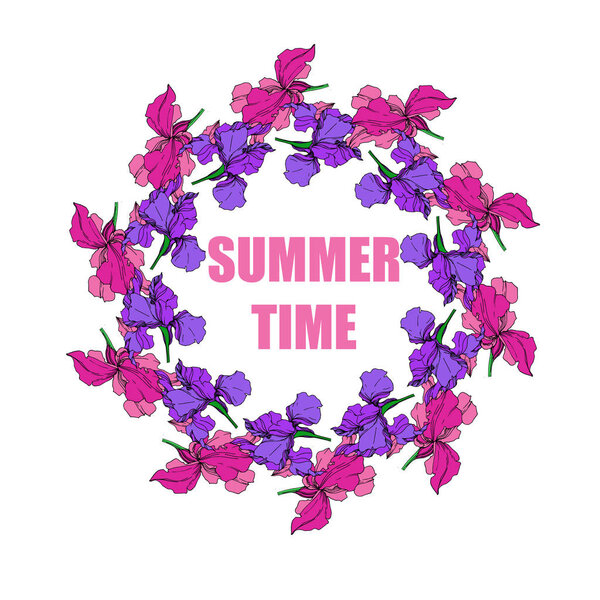 Vector Iris floral botanical flowers. Black and white engraved ink art. Frame border ornament square.