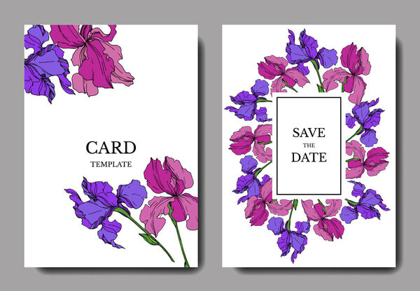 Векторные ирис цветочные ботанические цветы. Черно-белый рисунок чернил. Декоративная граница свадебной карточки
.