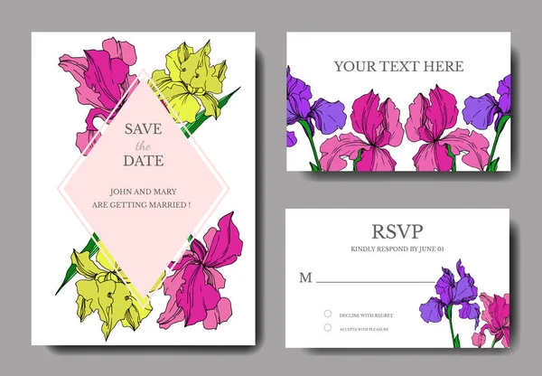 Vector Iris flores botânicas florais. Tinta gravada a preto e branco. Casamento cartão de fundo borda decorativa . —  Vetores de Stock