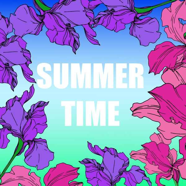 Vector Iris floral botanical flowers. Black and white engraved ink art. Frame border ornament square.