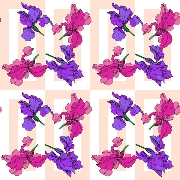 Vektor-Iris florale botanische Blumen. Schwarz-weiß gestochene Tuschekunst. nahtloses Hintergrundmuster. — Stockvektor