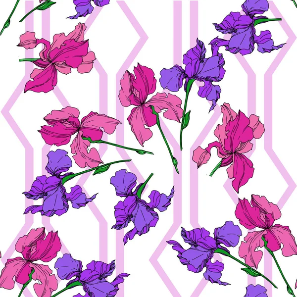 Vektor Iris blommiga botaniska blommor. Svart och vit graverad bläck konst. Sömlöst bakgrundsmönster. — Stock vektor