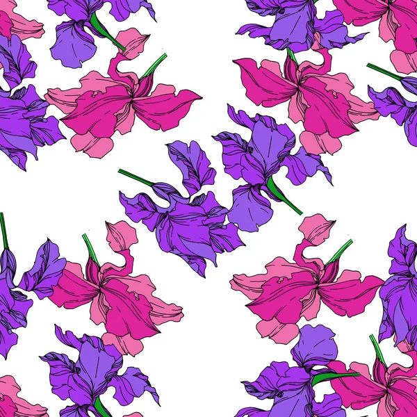 Vecteur Iris fleurs botaniques florales. Encre gravée en noir et blanc. Modèle de fond sans couture . — Image vectorielle