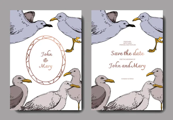 Vector Sky pájaro gaviota en una fauna. Tinta grabada en blanco y negro. Boda tarjeta de fondo borde decorativo . — Vector de stock