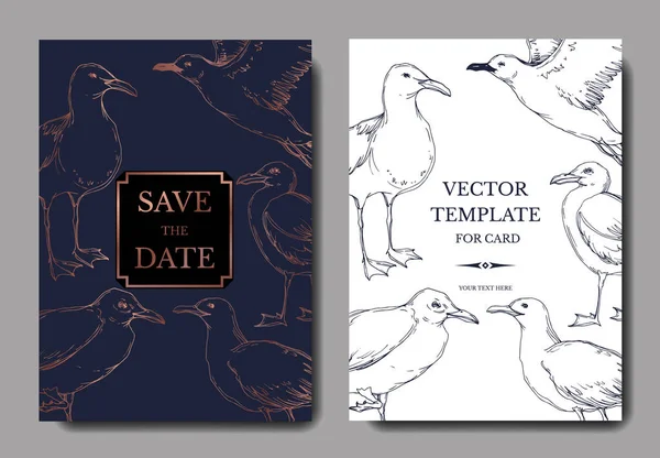 Vector Sky vogel zeemeeuw in een Wildlife. Zwart-wit gegraveerd Ink Art. Bruiloft achtergrond kaart decoratieve grens. — Stockvector