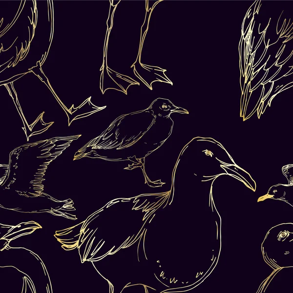 Gabbiano uccello Vector Sky in una fauna selvatica isolata. Inchiostro inciso in bianco e nero art. Modello di sfondo senza soluzione di continuità . — Vettoriale Stock