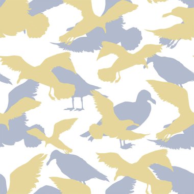 Vahşi yaşamda gökyüzü kuşu martı. Siyah ve beyaz oyulmuş mürekkep sanatı. Kesintisiz arka plan deseni.