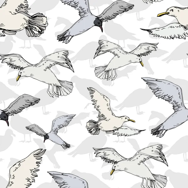 Sky bird seagull in a wildlife. Black and white engraved ink art. Seamless background pattern. — Stock Vector