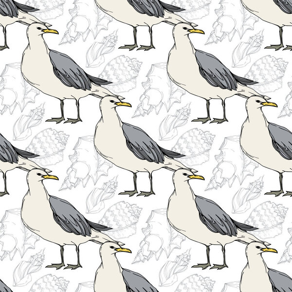 Sky bird seagull in a wildlife. Black and white engraved ink art. Seamless background pattern.