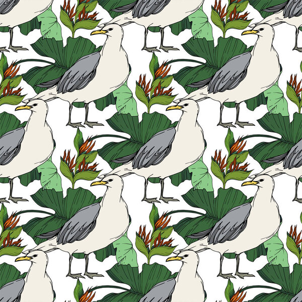 Sky bird seagull in a wildlife. Black and white engraved ink art. Seamless background pattern.