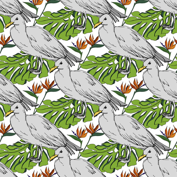 Sky bird seagull in a wildlife. Black and white engraved ink art. Seamless background pattern.