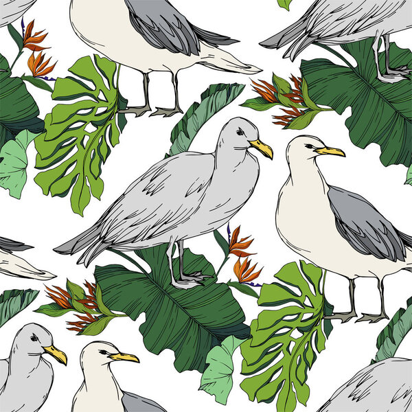 Чайка небесная в дикой природе. Черно-белый рисунок чернил. Бесшовный рисунок фона
.