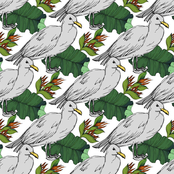 Sky bird seagull in a wildlife. Black and white engraved ink art. Seamless background pattern.