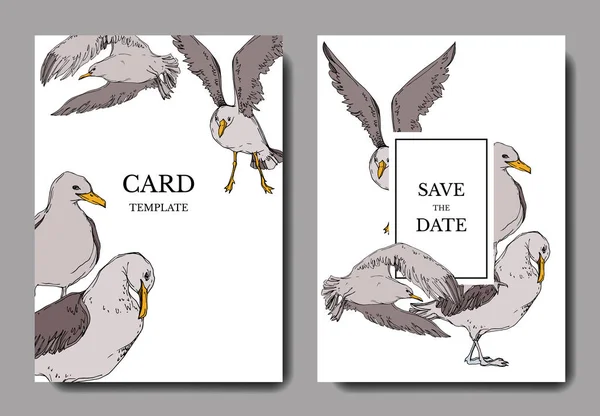 Vector Sky pájaro gaviota en una fauna. Tinta grabada en blanco y negro. Boda tarjeta de fondo borde decorativo . — Vector de stock