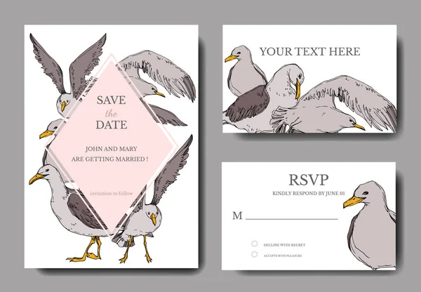 Vector Sky pájaro gaviota en una fauna. Tinta grabada en blanco y negro. Boda tarjeta de fondo borde decorativo . — Vector de stock