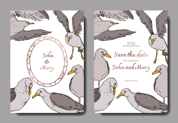 Vector Sky gaivota pássaro em uma vida selvagem. Tinta gravada a preto e branco. Casamento cartão de fundo borda decorativa . — Vetor de Stock