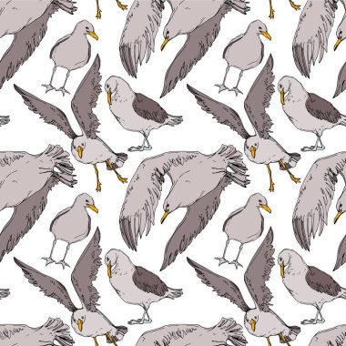 Vektör Gökyüzü kuş martı bir yaban hayatı içinde. Siyah ve beyaz oyulmuş mürekkep sanatı. Kesintisiz arka plan deseni.