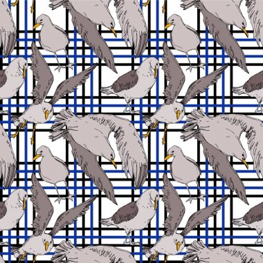 Vektör Gökyüzü kuş martı bir yaban hayatı içinde. Siyah ve beyaz oyulmuş mürekkep sanatı. Kesintisiz arka plan deseni.