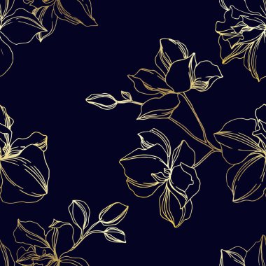 Vector Orchid floral botanical flowers. Black and gold engraved ink art. Seamless background pattern. clipart