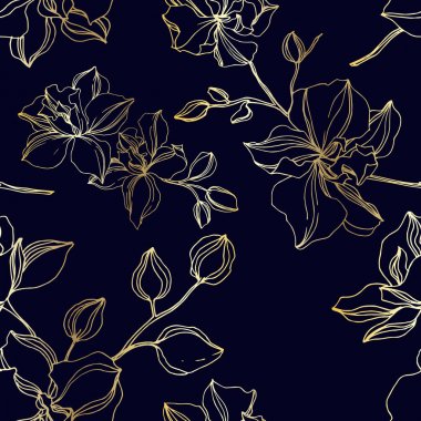Vektör Orkide çiçek botanik çiçekler. Siyah ve altın kazınmış mürekkep sanatı. Kesintisiz arka plan deseni.