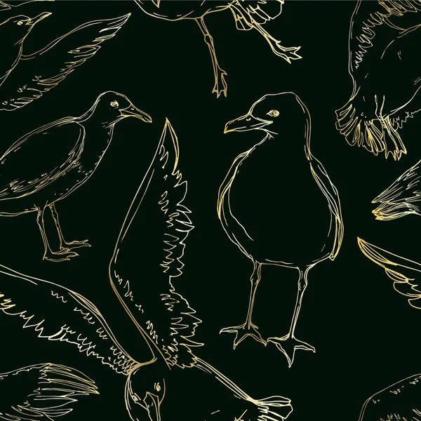 Vector Sky pájaro gaviota en una fauna. Tinta grabada en blanco y negro. Patrón de fondo sin costuras . — Vector de stock