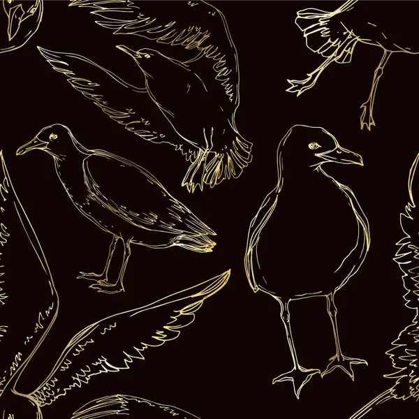 在野生动物中向天鸟海鸥矢量。黑白雕刻水墨艺术。无缝背景模式. — 图库矢量图片