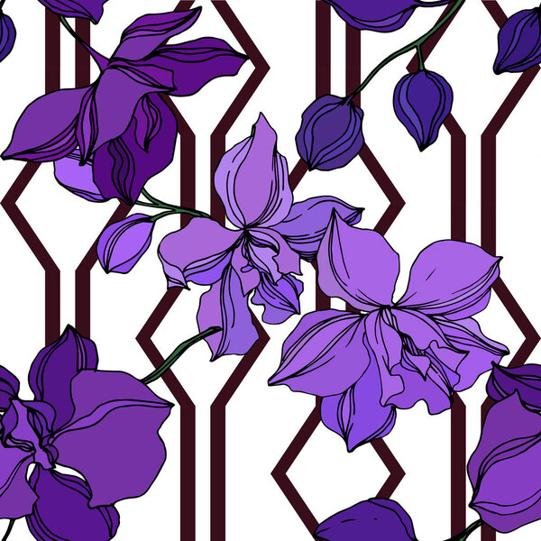 Vector Orchid floral botanical flowers. Black and purple engraved ink art. Seamless background pattern.