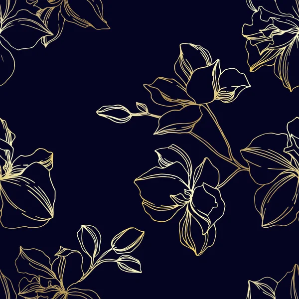 벡터 난초 꽃 식물 꽃입니다. 블랙과 골드 가새 잉크 아트. 원활한 배경 패턴. — 스톡 벡터