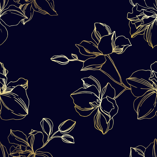 Vector Orchid floral botanical flowers. Black and gold engraved ink art. Seamless background pattern.