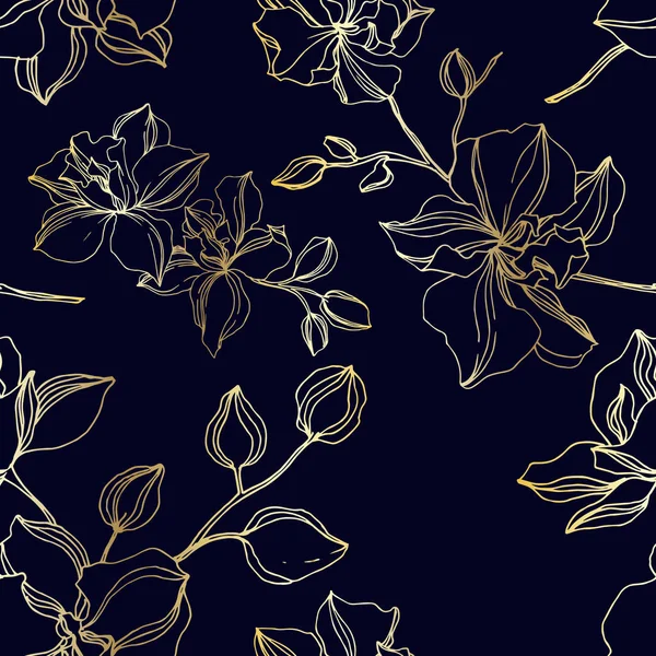 벡터 난초 꽃 식물 꽃입니다. 블랙과 골드 가새 잉크 아트. 원활한 배경 패턴. — 스톡 벡터