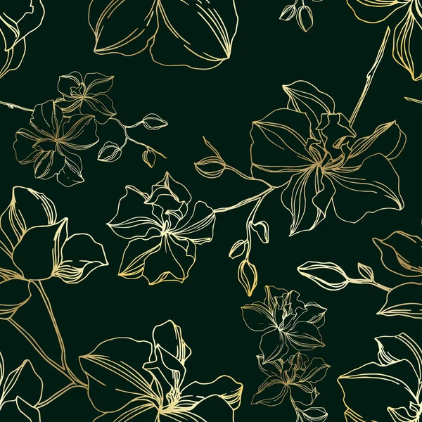 Vektor orkidé blommiga botaniska blommor. Svart och guld graverad bläck konst. Sömlöst bakgrundsmönster. — Stock vektor