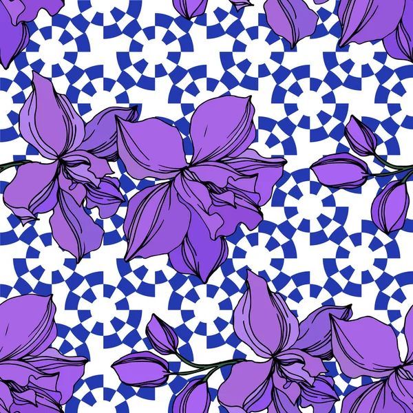 Vektorororchidee florale botanische Blumen. schwarz und lila gravierte Tuschekunst. nahtloses Hintergrundmuster. — Stockvektor