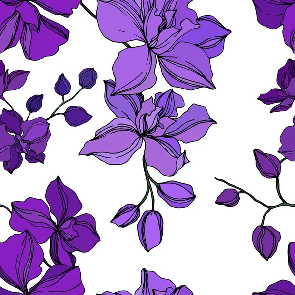 Vector Orchid floral botanical flowers. Black and purple engraved ink art. Seamless background pattern. — Stock Vector