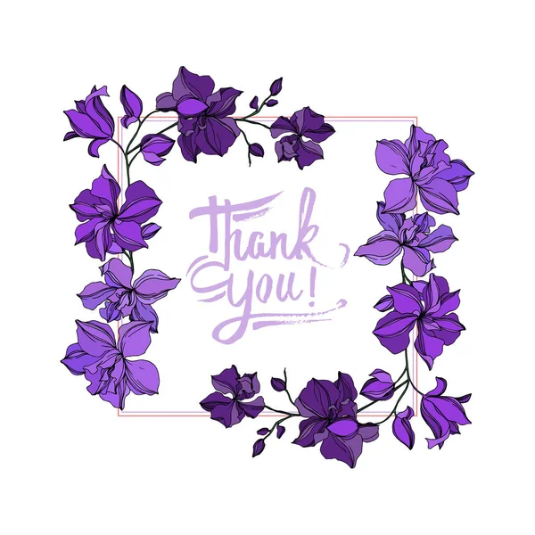 Vector Orchid flores botánicas florales. Tinta grabada negra y púrpura. Marco borde ornamento cuadrado . — Archivo Imágenes Vectoriales