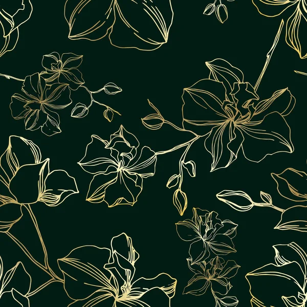 Vector Orchid floral botanical flowers. Black and gold engraved ink art. Seamless background pattern. — Stock Illustration Vector Orchid floral botanical flowers. Black and gold engraved ink art. Seamless background pattern. Stock Illustration